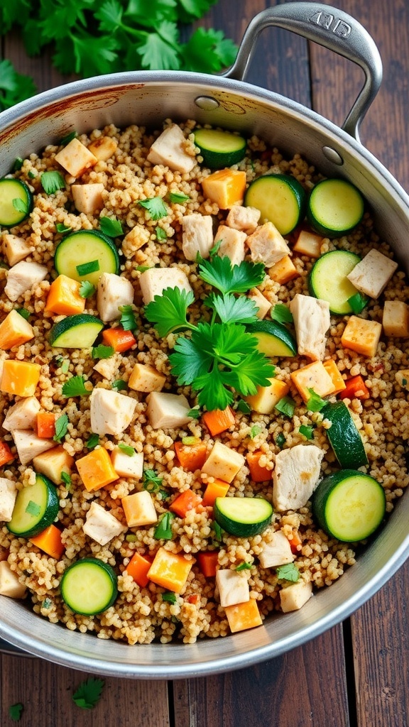 A colorful quinoa chicken and zucchini skillet garnished with parsley on a rustic wooden table.